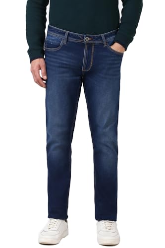 Image of Peter England Men's Slim Fit Mid Rise Navy Light Wash Wash Slim Tape Fit Jeans