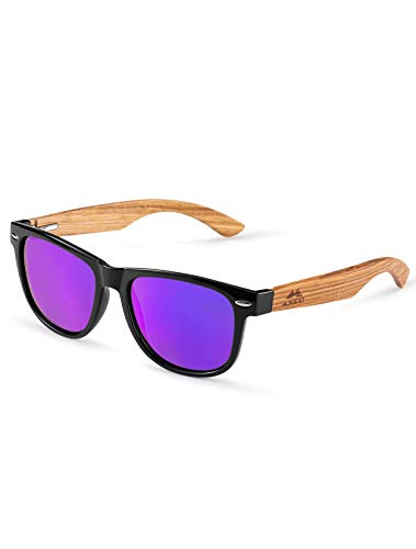 Amexi Gafas de Sol Polarizadas Hombre y Mujere, UV400 Protection, Gafas Ligeras con Patillas de Madera (Lila)