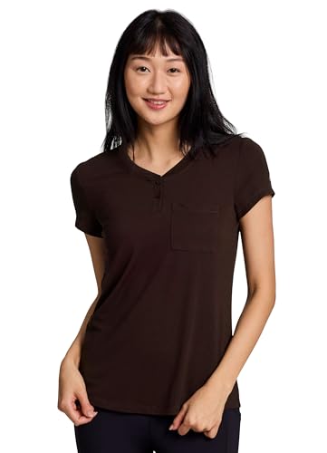 Avalanche Womens Short Sleeve Henley More Eco-Friendly Fabric Breathable Micro Closed Mesh Hiking T-Shirt Everyday Tee Button Coffee Brown XL