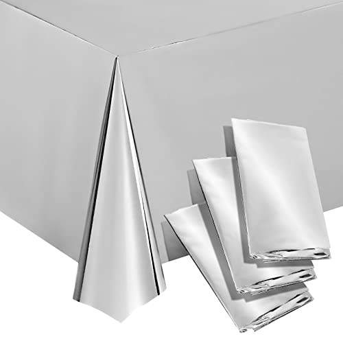 Juvale 3 Pack Plastic Table Cloths - Metallic Silver Plastic Tablecloth for Birthday Party Decorations (Shiny Foil 54x108 Silver Tablecloth)