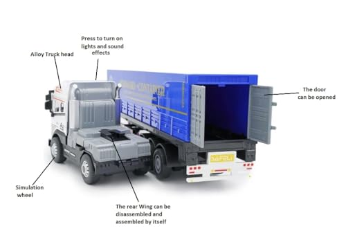Image of Friction Powered Logistic Transport Truck Toy for Kids Boys Girls Big Size 1:24 Die cast Alloy Model Cargo Container Truck with Light Sound Pull Back Vehicle (Pack of 1, Multicolor)