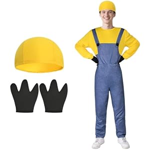 BSBUY Cosplay Kostüm 3Pcs Minion Cosplay mit Mütze Hose Handschuhe Minion Costume Set Männer Damen Film Kostüm Erwachsene Outfit Kostüm für Halloween Karneval Cosplay Party Faschingskostüme(Gelb, L)-E