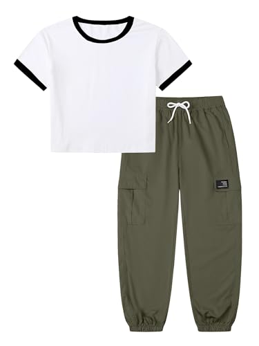 Image of Betusline Girls 2 Piece Summer Outfits,Kids Casual Short Sleeve Crop Top & Cargo Jogger Pants Sets,4T-14Y