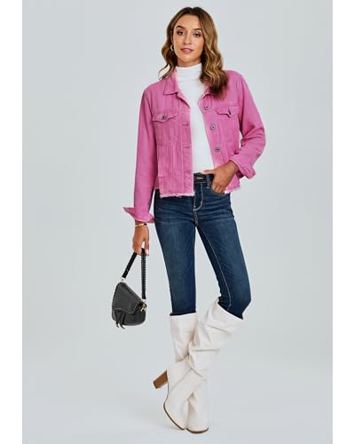 Image of luvamia Denim Jacket for Women Distressed Jean Jackets Button Up Vintage Western Trucker Jacket Frayed Hem Pockets