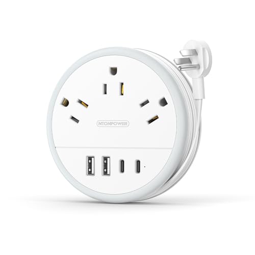 NTONPOWER Travel Power Strip, Travel Essentials, Cruise Essentials 3 Outlets 4 USB Ports(2 USB C), 4FT Wrapped Around Extension Cord for Travel Cruise Ship Beach Vacation Essentials White