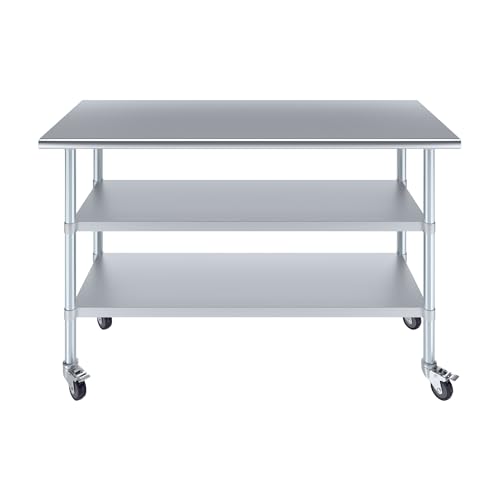Image of AmGood Stainless Steel Work Table with 2 Shelves and Casters | Metal Utility Table On Wheels (Stainless Steel Work Table with 2 Shelves + Casters, 60 inch Long x 24 inch Deep)
