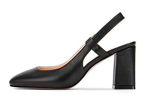 NobleOnly Womens Slingback Chunky Heels Pumps Comfortable Leather Square-Toe Block Mid-Heels Office Classic Shoes 7.5 CM Heel2