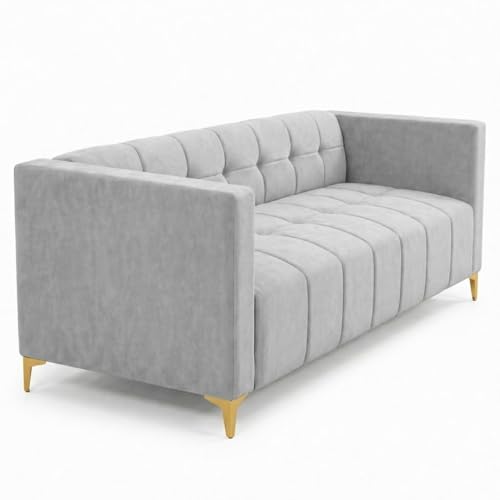 Image of FURNY Homeliving 4 Seater L Shape Sofa Set with Movable Ottoman & Golden Legs | Flexible Left or Right Layout | Plush Velvet Fabric (Light Grey) | Perfect for Living Room, Guest Room & Office
