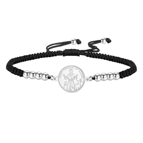 TEAMER Saint Francis of Assisi Bracelet Patron Saint of the Animals and Nature Pendant Francis Pet Protection Bless Medal Catholic Jewelry For Women Men (Black -Silver)