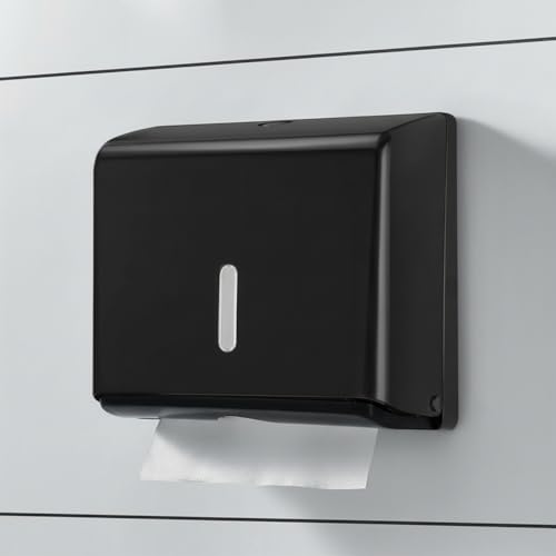 Image of Amazon Basics Wall-Mounted Multifold Paper Towel Dispenser | ABS Plastic | Black | 25.3L x 19.5Hx 9.1D cm
