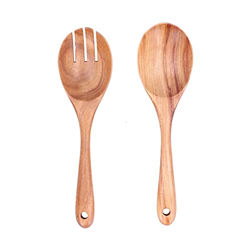 Baxnore Juego de tenedor y cuchara de madera, 2 piezas, cubiertos duraderos para servir, para cocina, hogar, restaurante, diseño ergonómico, vajilla, herramientas para ensalada con