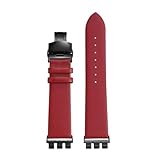 TROGPYXG Cowhide Watchband Men Women Compatible With SWATCH YCS YAS YGS IRONY Thin Leather Watch Strap Stainless Steel Adapter(Red-Black Folding,Width 21mm)