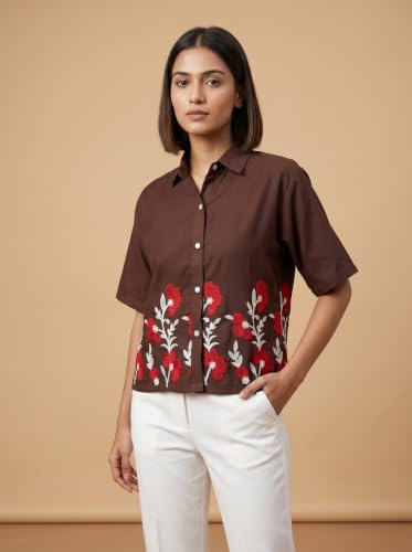 Image of Stylish Women's Embroidered Shirts | Geometric Pattern Half Sleeve Collared Button-Up Casual Shirt for Women