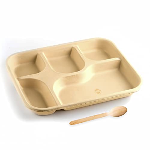 SMS HYDROTECH Disposable Plates | 5 Compartment Plate with Spoon, (Pack of 25) | Eco-Friendly, Biodegradable Use and Throw Plates (Brown)