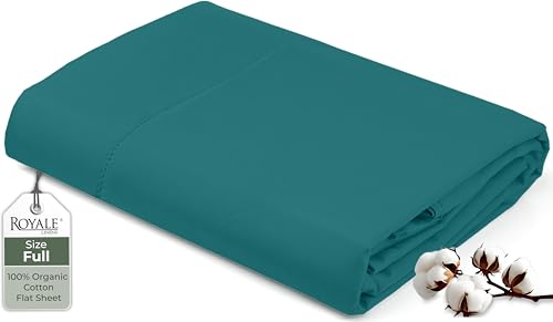 Image of Royale Linens 100% Organic Cotton Full Flat Sheet Only - Super Soft - Percale Top Sheets - Full Flat Sheet Sold Separately - Breathable, Cool & Crisp Sheets Only (81 inch x 96 inch, Teal)