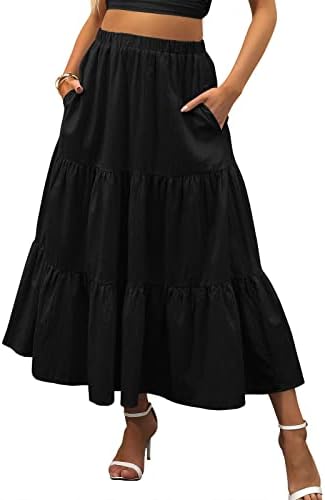 ANRABESS Women’s Summer Boho Elastic Waist Pleated A-Line Flowy Swing Tiered Long Beach Skirt Dress with Pockets