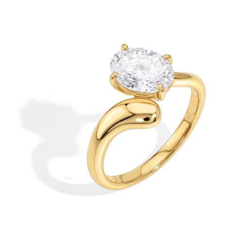 Hefanny 14K Gold-Plated Wedding Bands for Women Dainty Stackable Cubic Zirconia Promise & Engagement Rings Trendy Statement Jewelry for Her Sizes 5-11 (Oval Bypass Ring, 8, Gold / 1 Pack)
