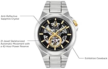 Bulova Men's Classic Maquina Stainless Steel 3-Hand Automatic Watch, Skeleton Dial with Gold Tone Accents Style: 98A224 - 3