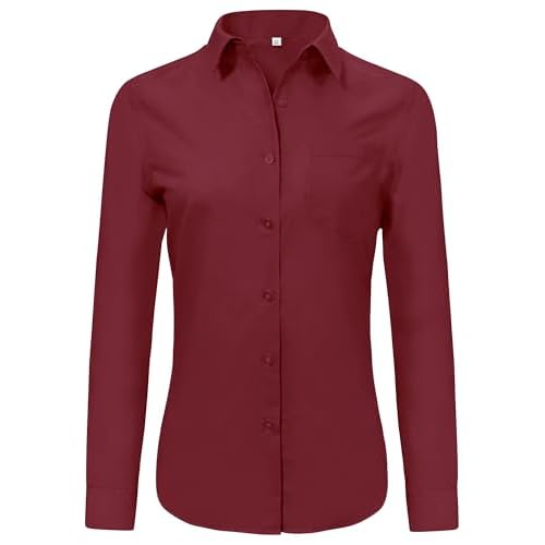 Button Down Shirts Women Wrinkle-Free Dress Shirt Long Sleeve Collared Work Office Business Soft with Pocket X-Small 00025_wine Red