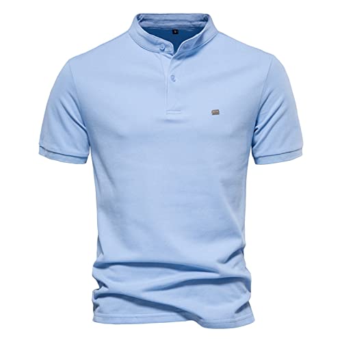 LAOSU Hombre De Trabajo Polo Manga Corta Polo Marca Camisa Lino Negro Moda Casual Polo Cuello Mao Slim-Fit Camisas Hombres Marca Polos Rugby, azul claro, S