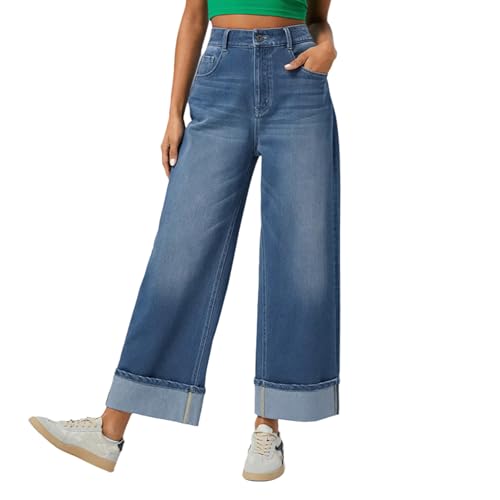 Womens Straight Leg Jeans High Waisted Stretchy Loose Fit Cuffed Boyfriend Denim Sweatpants