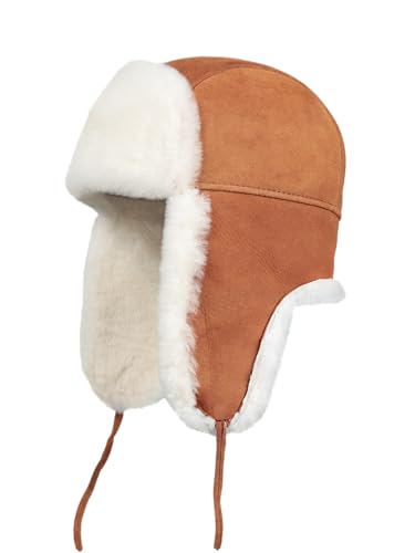 Image of Leather Aviator Shearling Ushanka Trapper Hat Russian Sheepskin Cap Real Fur Winter Hat with Ear Flaps for Men Women