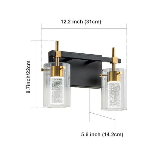 Image of 2-Light Black and Gold Vanity Light with 3 Color Modes (3000K /4000K /6000K), Eye Protection LED Bathroom Light Fixture, Dimmable Modern Wall Light Over Mirror with Clear Glass Shade