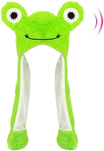 Hopearl Frog Hat with Ears Moving Jumping Pop Up Beating Hat Plush Holiday Cosplay Dress Up Funny Christmas Winter Birthday Gift for Kids Boys Girls, Green, 22''