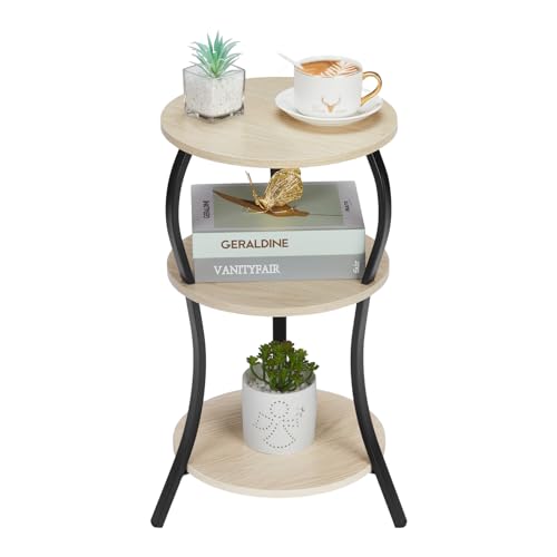 Vintage Small Round Side Table, 3-Tier Slim Waist Circular End Table with Storage Shelf, Compact Tea Sofa Side Table, Round Corner Coffee Table Nightstand for Living Room Bedroom Small Spaces,Oak