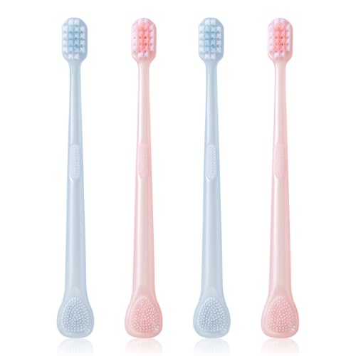 Luxvara 4 Stück Zahnbürste, Zungenreiniger, 2-in-1 Weiche Zahnbürste & Zungenschaber, Handzahnbürsten Zungenschaberbürste, Zahnbürste Mittel für Frischen Atem, Blau/Rosa