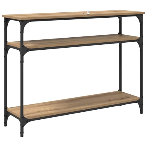 Mesa consola de madera con marco de metal y dos estantes de salón 8