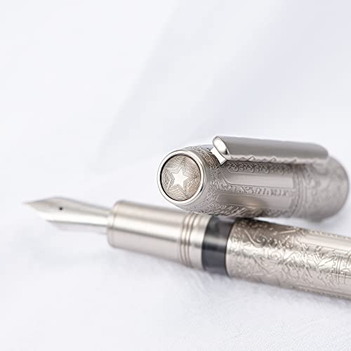 Hongdian 100 Silver Steel Piston Fountain Pen, Iridium Extra Fine Nib Calligraphy, Smooth Writing Pens, Nice Writing Pen For Men & Women #TOP4