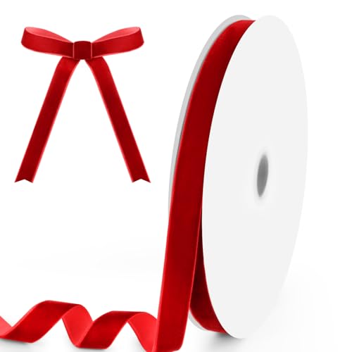 5/8' Wide x 25 Yards Velvet Ribbon, Vintage Single Face Velvet Ribbons for Gift Wrapping, Christmas Wrapping Bows, Wedding Decor, Sewing and More (Red)