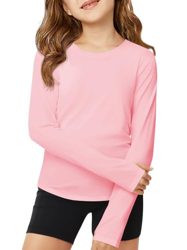 Haloumoning Girls Long Sleeve Athletic Shirts Lightweight Yoga Tops Crewneck Gym Tees with Thumb Holes Nude Pink