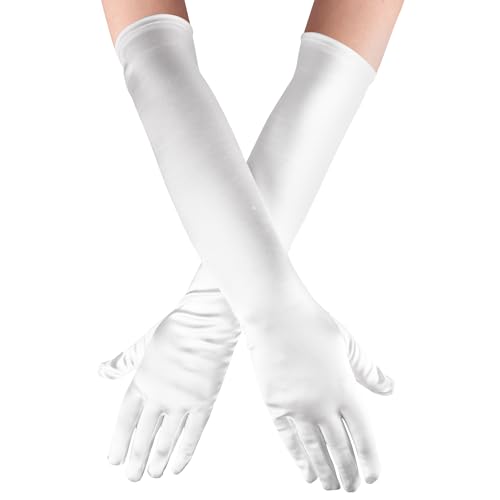 Kangaroo Long White Opera Gloves for Women - 1 Pair Elbow Length Satin Tea Party Evening Cute Gloves for Women Formal 1920s Wedding Gloves for Bride Dress Compatiable Accessory