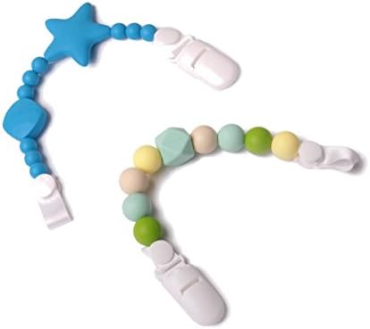 Silicone Teether Pacifier Holder Clips - by Modern Ohana - 2 Pack (Blue / Multi)