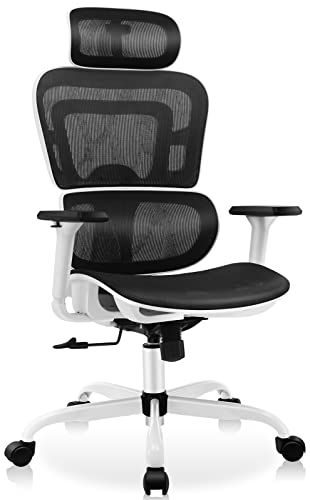 KERDOM 全面メッシュチェア ワークチェア オフィスチェア リクライニングチェア 人間工学椅子 デスクチェア テレワーク 3Dアームレスト 可動式ヘッドレスト 特製PAキャスター 360度回転 多機能 通気性 事務 おしゃれ ホワイト KD968ZK-M-White