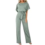 All In One Jumpsuit Women Elegant Jumpsuit Dressy Summer Short Sleeve Playsuit Plain Casual Comfy One Piece Trosuer Rompers Dungarees Fashion Belted Wide Leg Trouser Suits for Formal Wedding Party