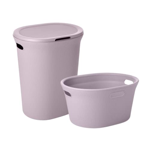 Image of Superio Ribbed Collection - Decorative Plastic Laundry Basket & Laundry Hamper with Lid and Cut-Out Handles, Lilac (Set of 2) Organzier for Bedroom Bathroom College Dorm Room