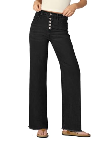 Sidefeel Women's Button Fly Jeans High Waisted Straight Leg Stretchy Trendy Raw Hem Wide Leg Denim Pants
