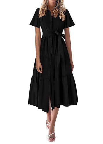 Image of KIRUNDO Summer Button Down Wedding Guest Shirt Dresses for Women Maxi Flutter Short Sleeve Flowy Tiered Beach Sun Dress