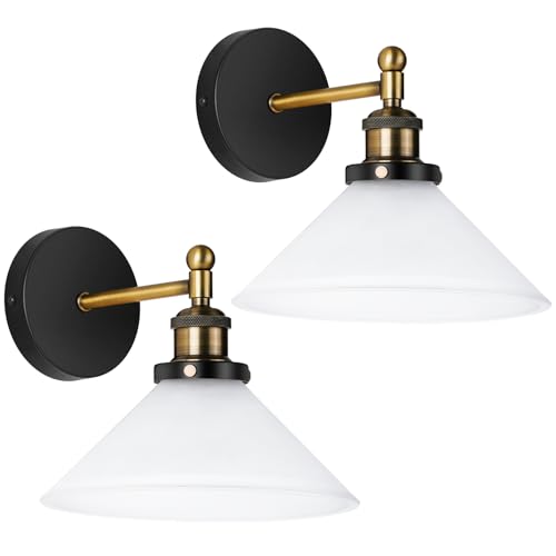 Vintage Wall Sconces Set of 2 Indoor 110V Hardwired Frosted Glass Wall Mounted Lamp Light Fixtures for Bathroom Vanity Kitchen Hallway Stairway, Anti-Rust Brushed Bronze Finish, E26 Base, WS-23061-C2