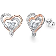 MEDWISE 925 Sterling Silver Heart Stud Earrings Birthstone Rose Gold-Plated Two Tone with Cubic Zirconia Hypoallergenic Jewelry Perfect for Women Wife Girlfriend Bridal Weddings Birthday Gifts