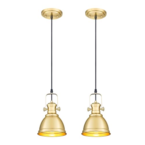 2 Pack Pendant Lights Kitchen Island, Farmhouse Hanging Lights Fixtures with Metal Shade, Rustic Kitchen Pendant Lighting Over Island for Dining Room, Brushed Gold, AD-2151-1P2-GD