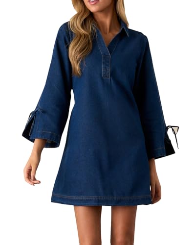 Womens Denim Shirt Dress Collared V Neck Bell Long Sleeve Mini Casual A-line Jean Dresses with Bow