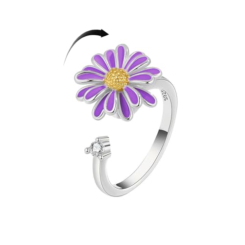 OIDIMS Purple Daisy Fidget Ring Unique Crystal CZ Wrap Finger Spinner Rings Sunflower Adjustable Open Wedding Band Stackable Rotating Calming Worry Anxiety Stress Relief Rotating Jewelry for ADHD