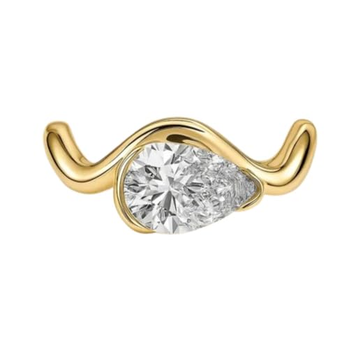 SILVERIST 14K Gold Plated Teardrop Diamond Ring For Women 2 Ct East West Pear Cut Diamond Wave Style Minimalist Wedding Band Elegant Solitaire Engagement Ring 925 Sterling Silver Handmade Jewelry