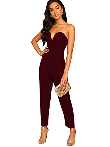 Romwe Women's Elegant Off Shoulder Sweetheart Neck Sleeveless Strapless Stretchy Party Romper Jumpsuit Burgundy S #TOP4