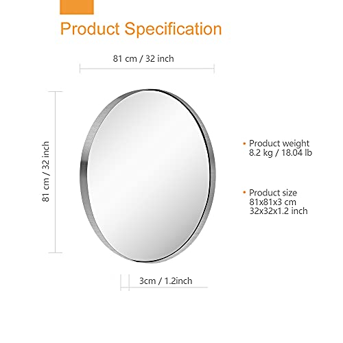 Kaasunes 32-Inch Contemporary Brushed Silver Wall Mounted Round Mirror, Glass Panel Circle Deep Set Design Stainless Steel Framed Mirror For Bathroom, Entryways, Living Rooms #TOP5