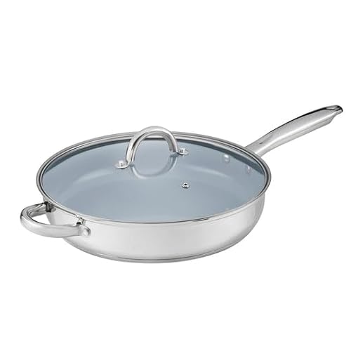 Cooks Professional 30cm Stainless Steel Sauté Pan with Long Handle, 4.5L Capacity, Non-Stick Ceramic Interior & Glass Lid | Dishwasher & Oven Safe Cooking Pan Pot | Suitable for All Hobs